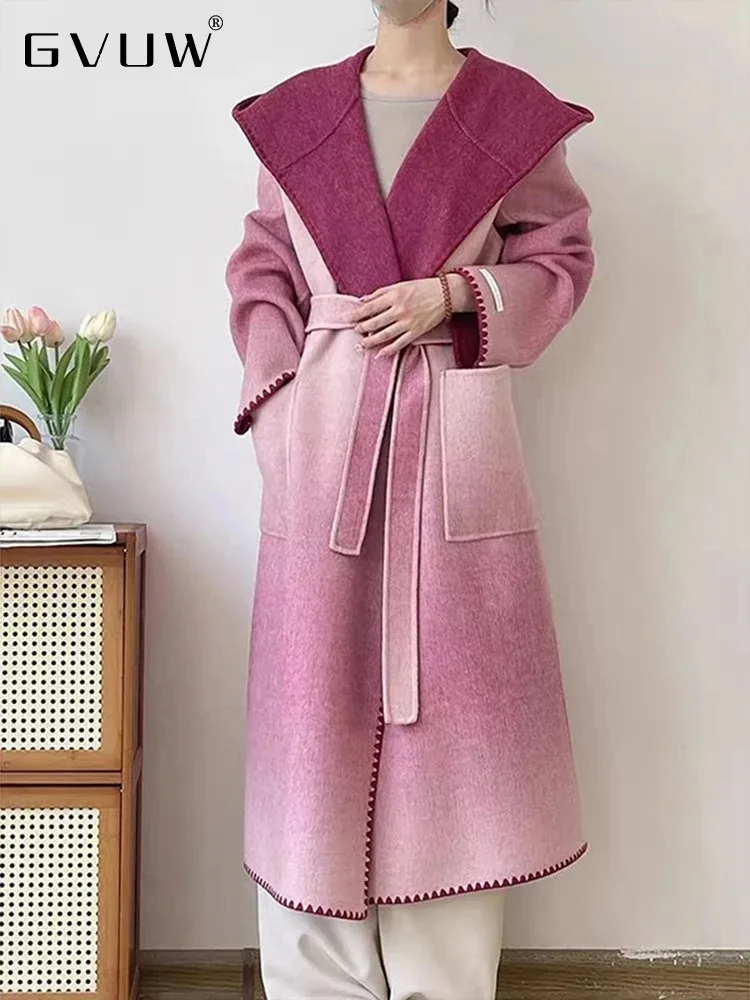 

GVUW Elegant Gradient Color Long Woolen Coats Women Hooded Spliced Pockets Lace-up Full Sleeve New 2024 Warm Clothing 17G8650