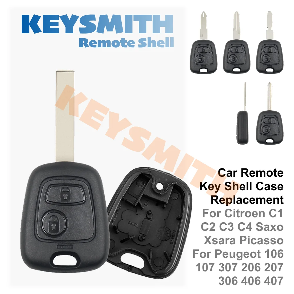 KEYSMITH 2 Button Car Remote Key Shell with 307 206 Blade Fob Case Cover For Citroen C1 C2 C3 C4 Picasso Peugeot 107 207 307 407