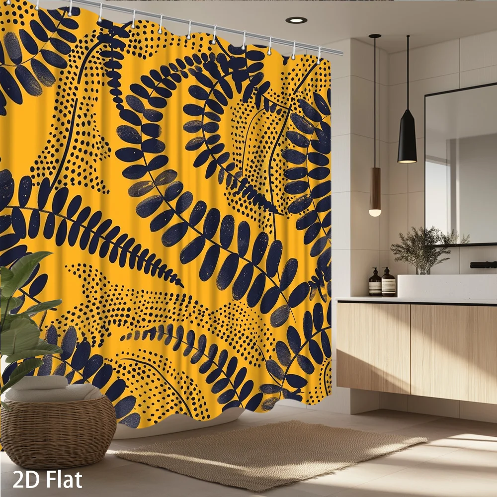 

1PC Fern Leaf Shower Curtain – Navy & Yellow, 2D Flat Print, Polyester Bathroom Decor, 72180x180cm71x71in With 12 hooks