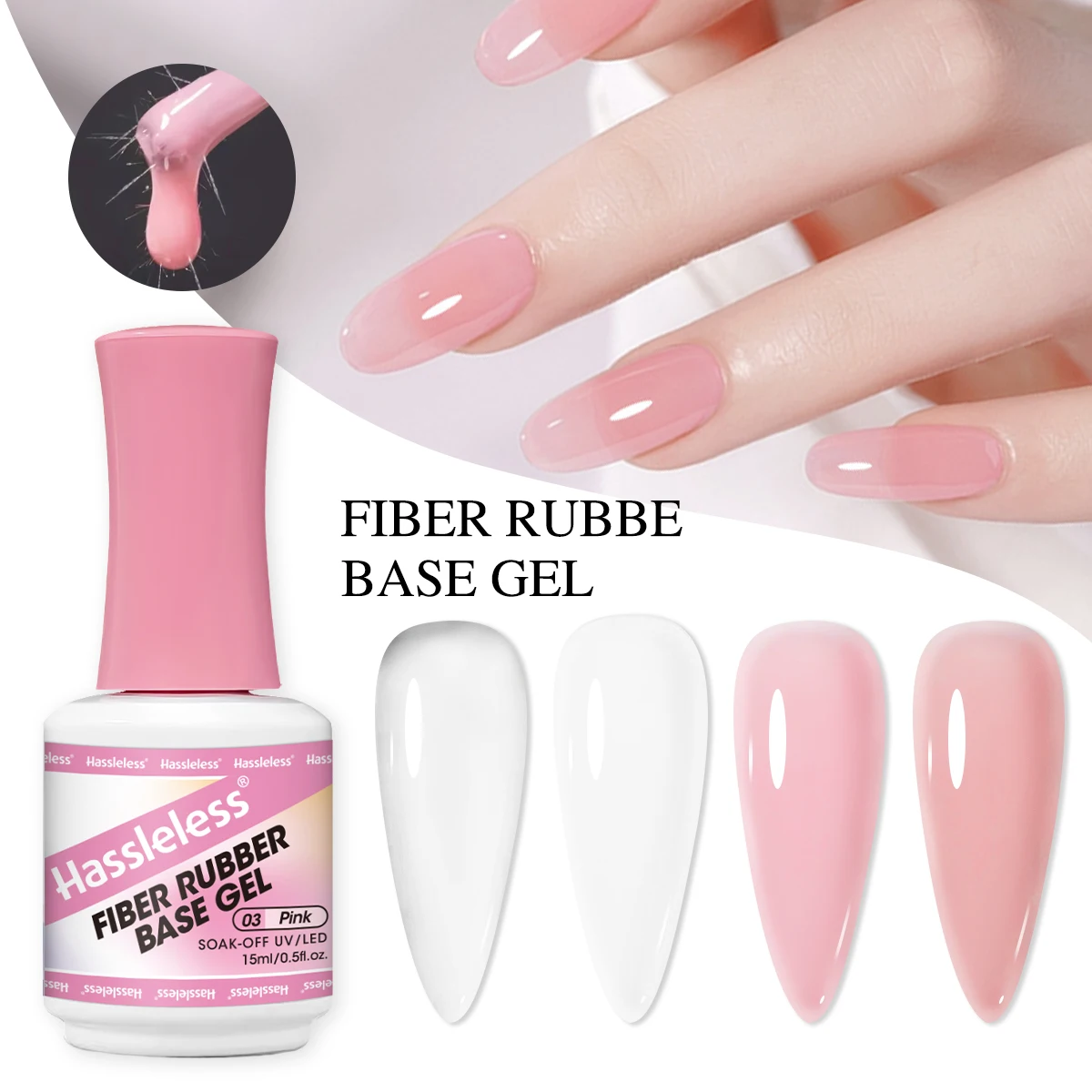 Hassleless Single Bottle 15ml, 0.5 oz Fiber Rubber Base Gel, Available in Four Colors: White, Pink, Clear, Nude, Removable Nail