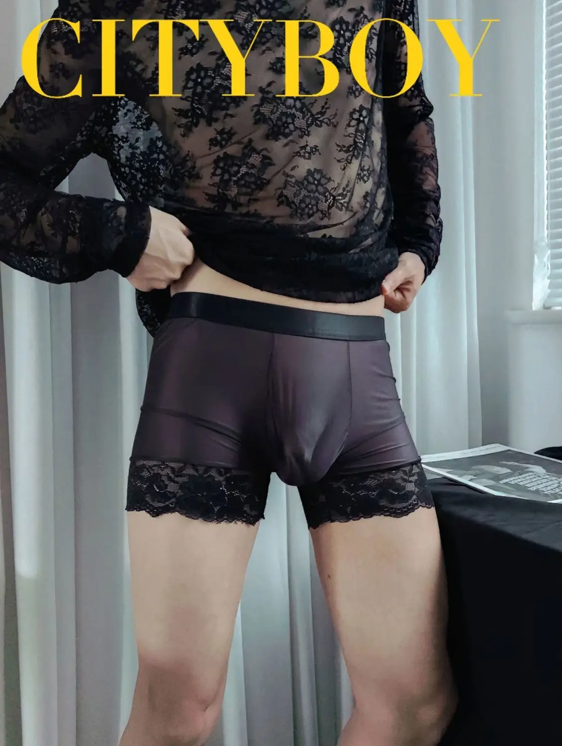 

Мужские шорты с глянцевым кружевом и подолом