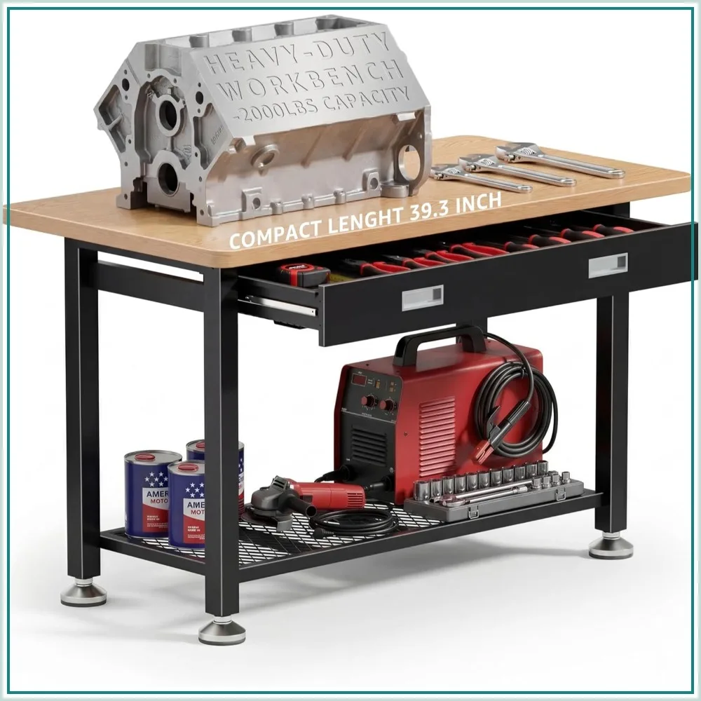 39 inch wood top, metal work bench with drawer and storage for garage, crafts, 3d printer