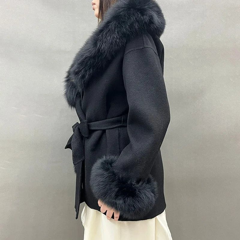 2024 Lady Winter Trench Coats Real Fox Fur Collar Wool Coat Women's Natural Fur Jacket with Belt