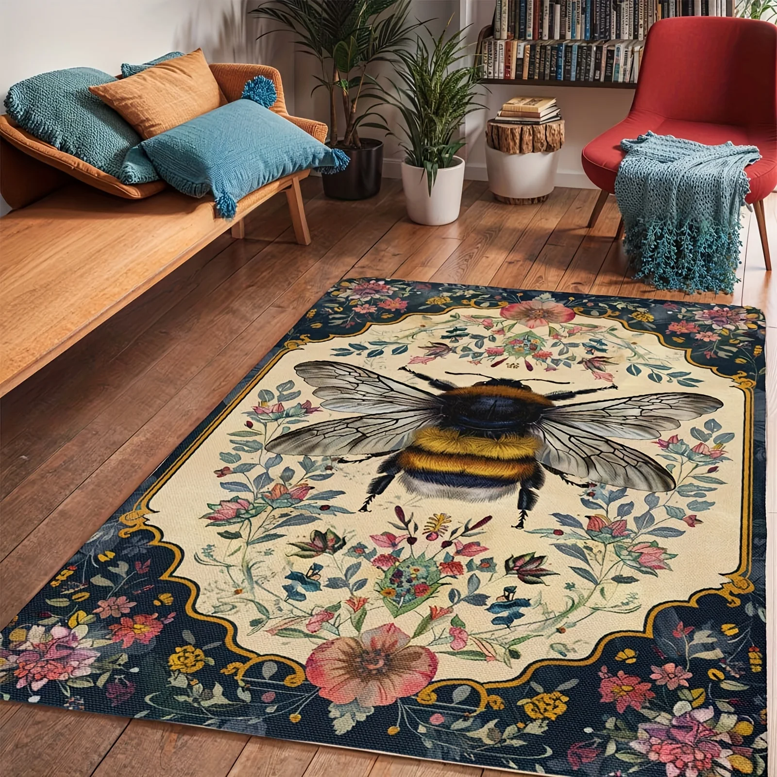2d Printed Deep Blue Cream Hand Drawn Sunflower Rectangular Area Rug Non Slip Floor Mat For Vintage Summer Home Decor Gift
