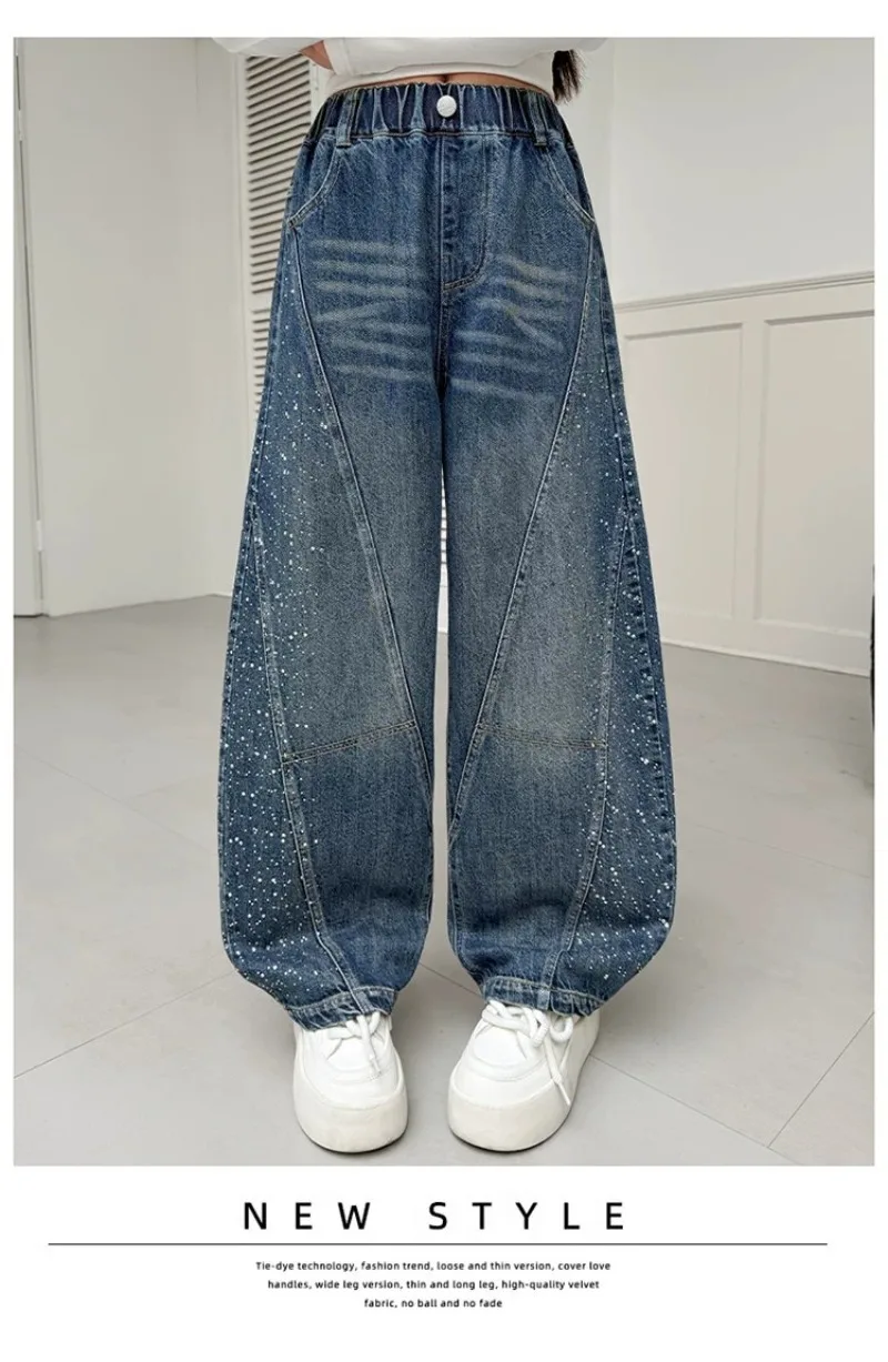 Kinder Mädchen Jeans UNITIM Herbst Junge Teenager Mädchen Glänzende Denim-Hosen Lose Elastische Taille Junior 4-14J Mädchen Weite Hosen – Detail 10