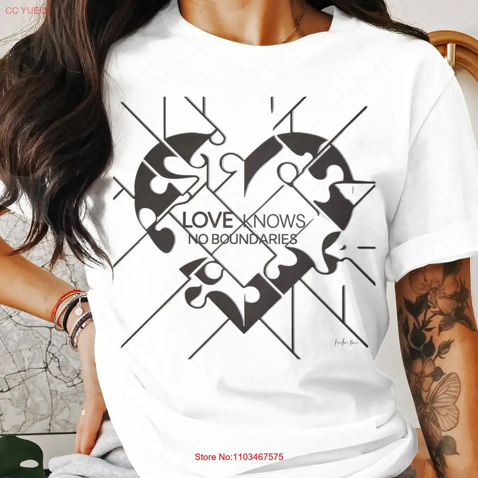 T-shirt puzzle en forme de cœur « L'amour ne connaît pas de frontières », citation inspirante, design unique pour la collecte de fonds et le soutien de la charité, style vintage