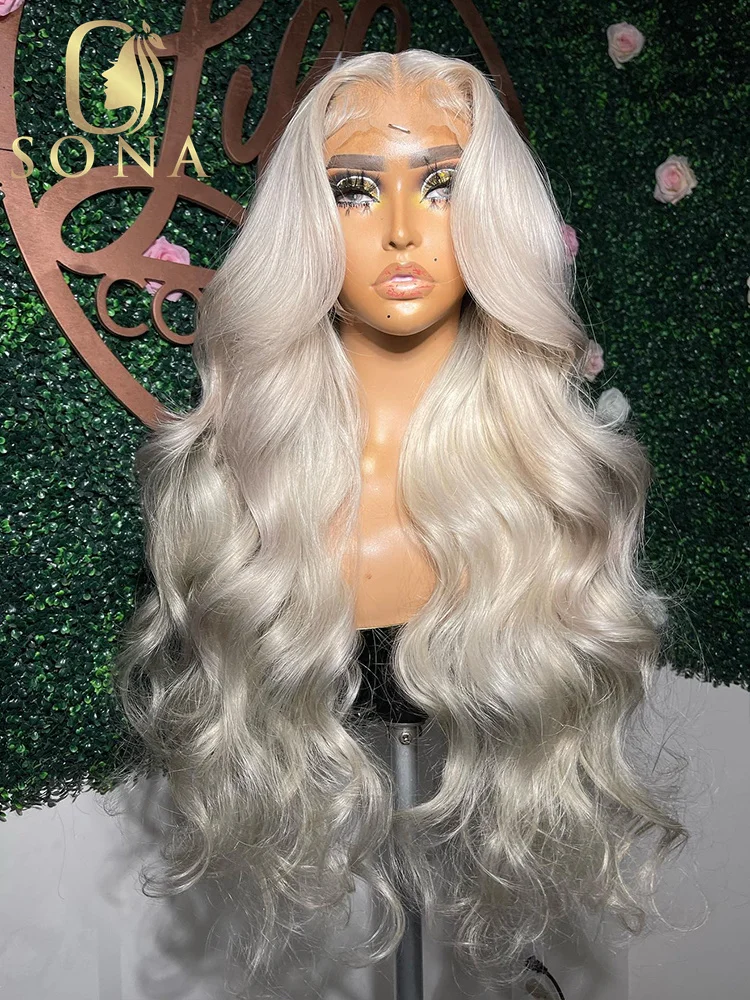 Colored Platinum Ash Blonde White 13X6 Transparent Lace Front Wig Grey Blonde 60# 13X6 Lace Frontal Wig Human Hair For Women