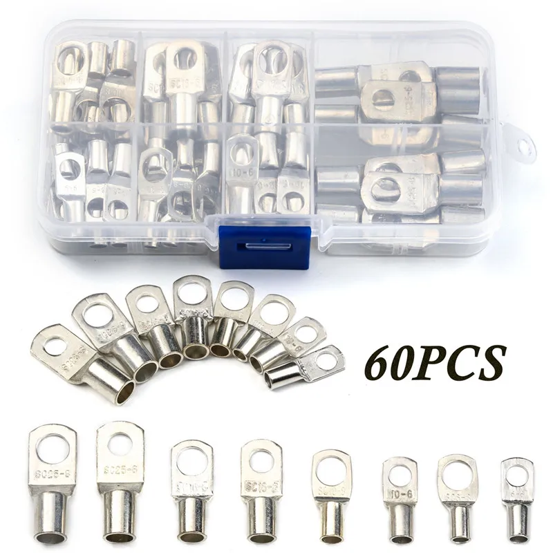 60PCS Tinned Copper SC Bare Terminals Lug Ring Seal Wire Connectors Bare Wire Cable Crimped Soldered Terminal Kit SC6-SC25