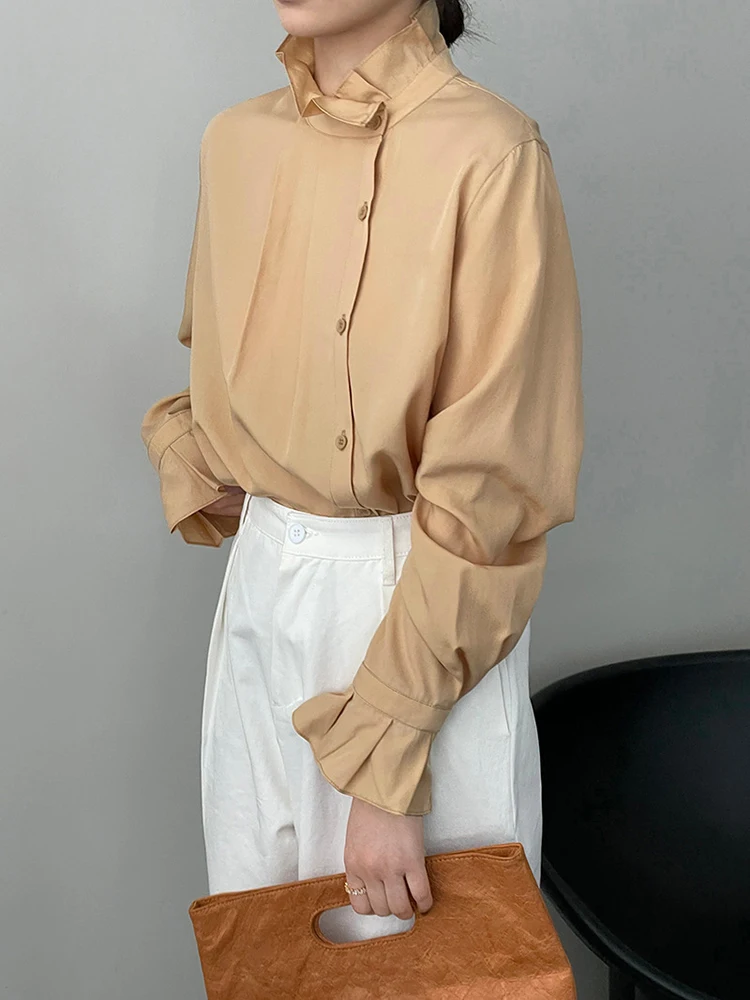 [EAM] Women Beige Ruffles Thin Big Size Blouse New Stand Collar Long Sleeve Shirt Fashion Tide Spring Autumn 2024 1DH4741