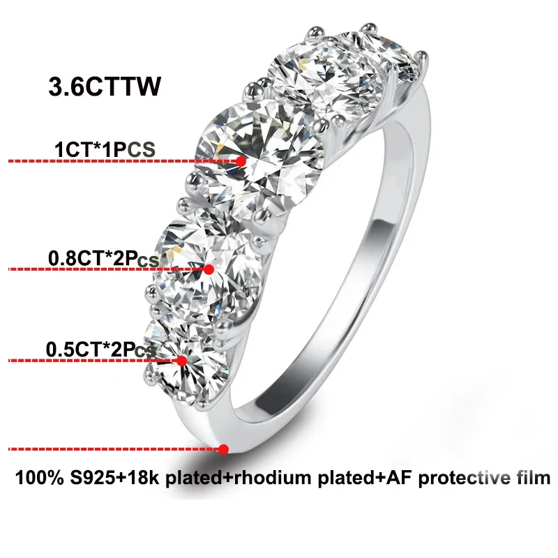 3.6cttw 5-stone all Moissanite Engagement Ring for Women 925 Sterling Silver D Color Diamond Promise Ring with gra Wedding Band