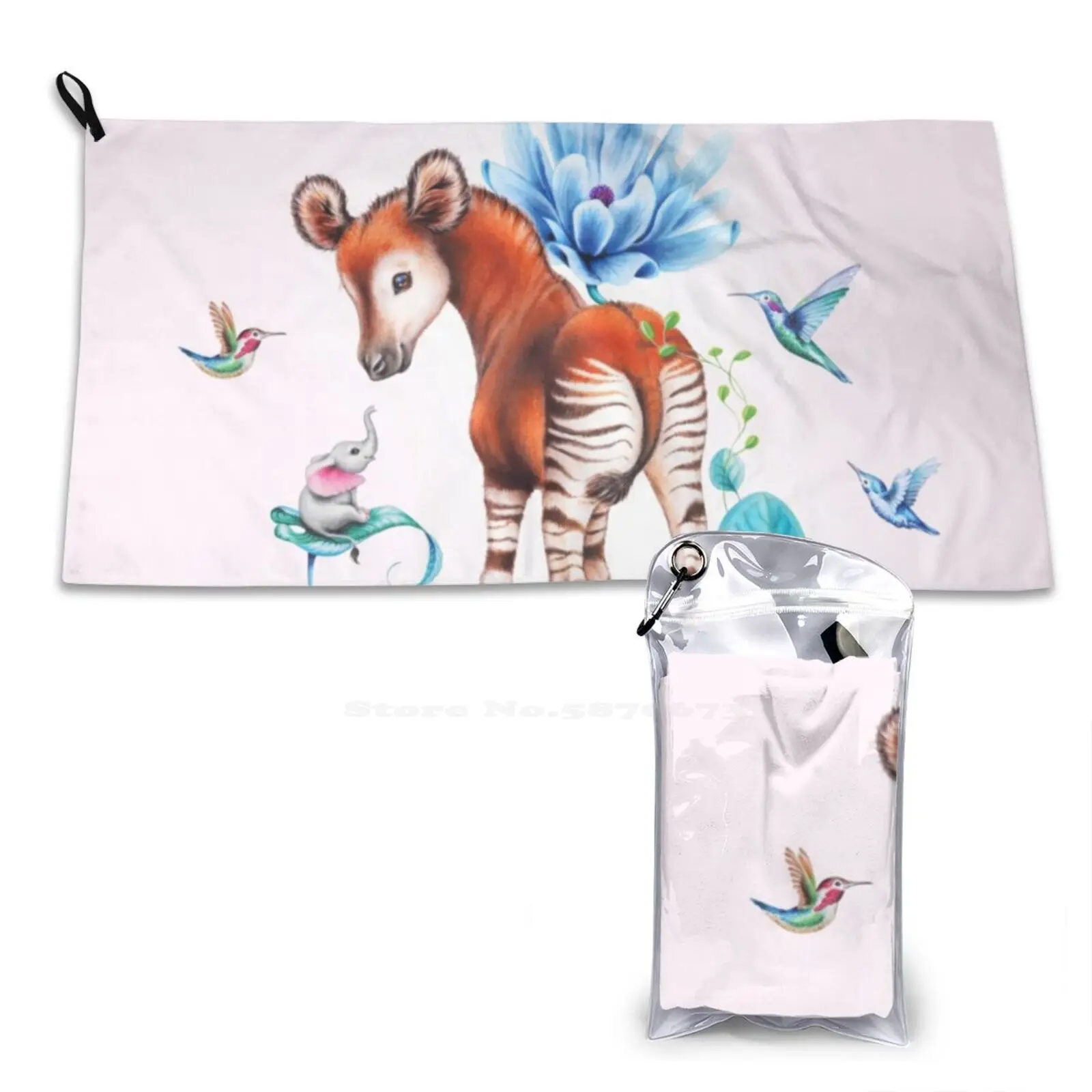 Young Okapi By Maria Tiqwah Soft Towel Quick Dry Beach Towel Okapi Elephant Turtle Flower Blue Pink Cute Hummingbird Kids