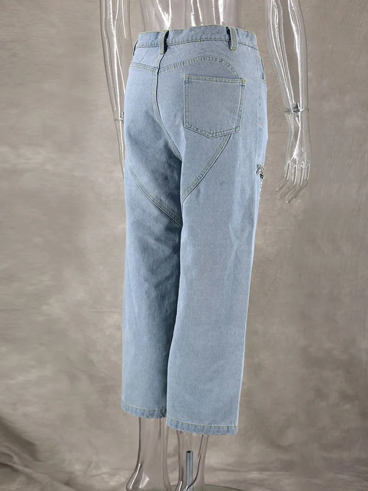 Fashion Trendy rhinestone fabric Blue Distressed Relaxation of Tall Waist Wide Legged Pants Spring 2024 Hollow Out Jeans Women