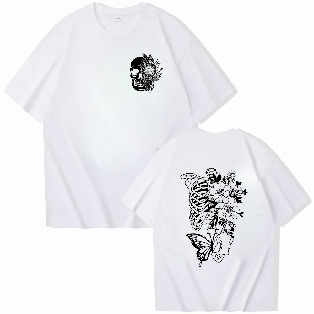 هالوين تي شيرت للنساء الأزهار الهيكل العظمي طباعة المرأة قصيرة الأكمام س الرقبة التي شيرت السيدات السببية قميص الملابس بلايز القوطية قميص #2