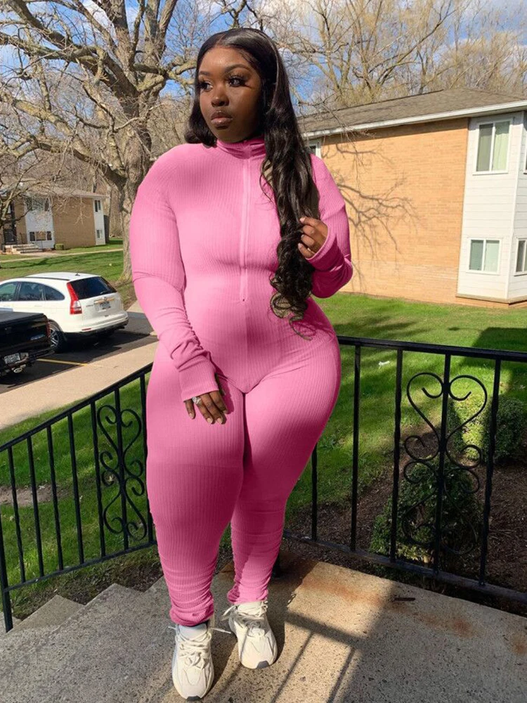 Female Jumpsuit Winter Long Sleeve Zipper Up Ribbed Jumpsuit Women Sexy Slim Fit Plus Size Jumpsuit Wholesale Dropshipping