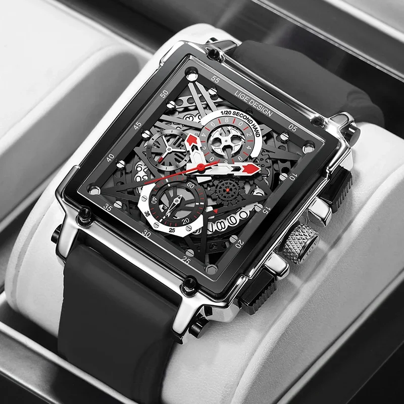 LIGE Fashion Hollow Square Watch Men Top Brand Luxury Silicone Sports Men\'s Quartz Wristwatches Casual Waterproof Chronograph