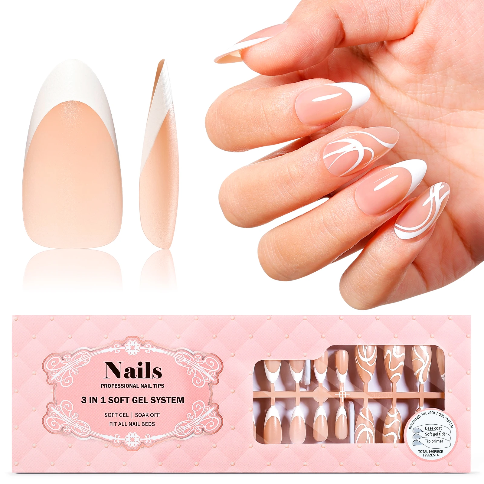 

GELLEN Молочно-розовые короткие мягкие гелевые типсы для ногтей, 160 шт., французский маникюр, накладные ногти, 15 размеров, накладные удлинители для ногтей, DIY дизайн ногтей