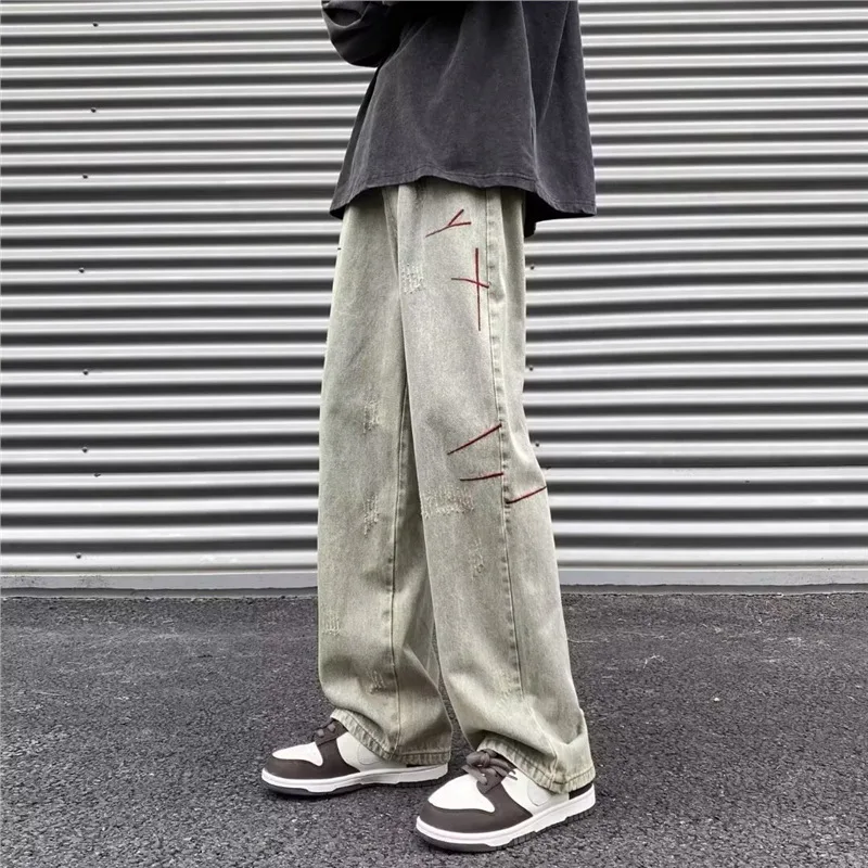 

New Washed Vintage Embroidered Jeans For Men Spring Autumn Straight Loose European And American High Street Style Long Pants