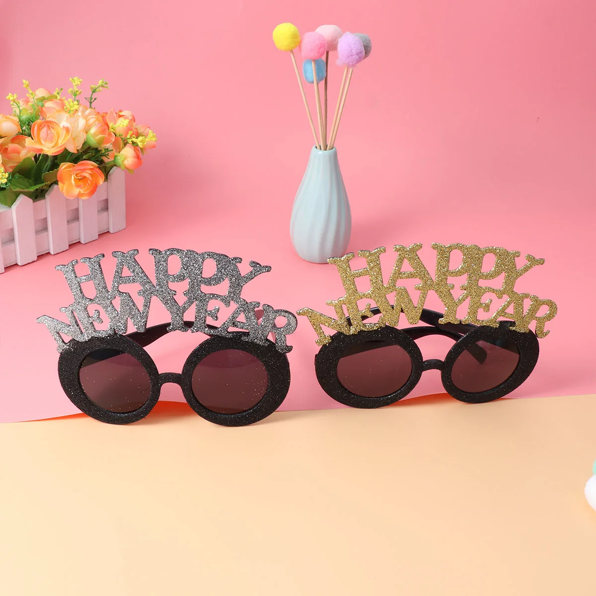 

2Pcs Shiny New Year Glasses for Party Celebration Golden Silver Eyewear Props for Holiday Festive Decorations