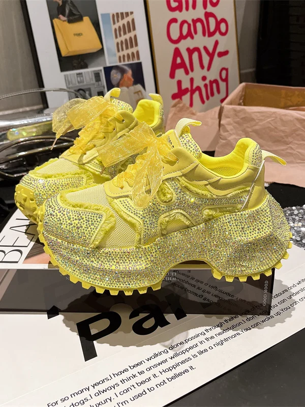 

Ladies' Dad oes Lace-Up 7Cm Spor Faion Casual Sneakers Water Diamond Decorated Ballet Sle Low-Top Breathable