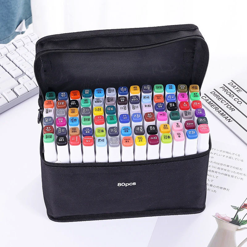 30/40/60/80 Pcs Markers Pen Black Storage Bag Massive Large Capacity Zipper Folding Art Markers Zipper Canvas Pencil Bag