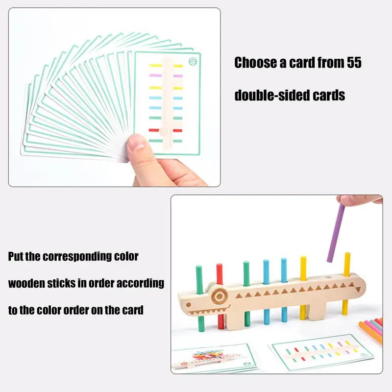 Juguetes de madera a juego de colores, juguete de clasificación de colores en forma de cocodrilo, 55 tarjetas de doble cara, juguetes de clasificación de colores vibrantes, apilamiento divertido