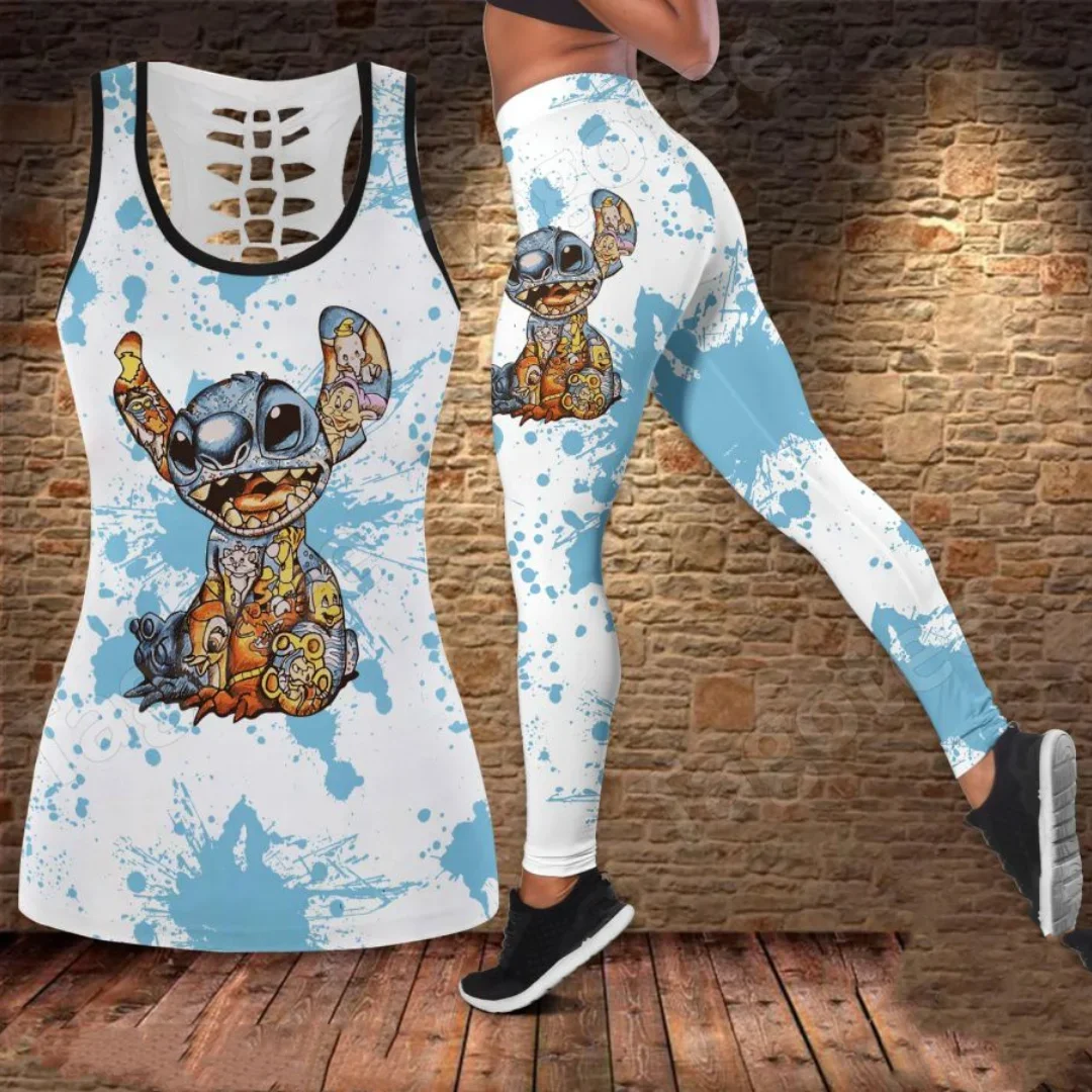 2024 Disney Stitch Women\'s Hollow Tanktop Yoga Set Summer Fitness Leggings Tracksuit Disney Cutout Tank Top Leggings Set