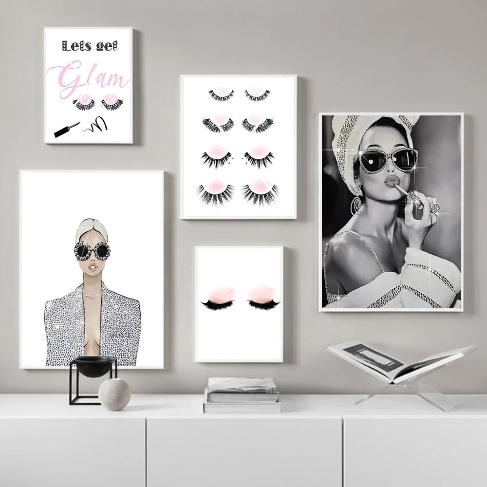 Lashes Glitter Girl Salon Lipstick Wall Art Canvas Painting Nordic Posters And Prints Wall Pictures For Living Room Trendy Decor