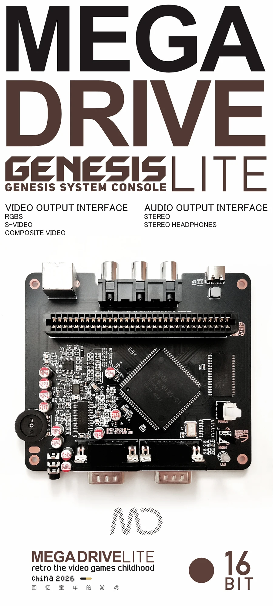 16-Bit Genesis Lite Clone Console - RGBS Video Output, USB Type-C, Clear Anti-Aliasing Screen, Supports All Region Games
