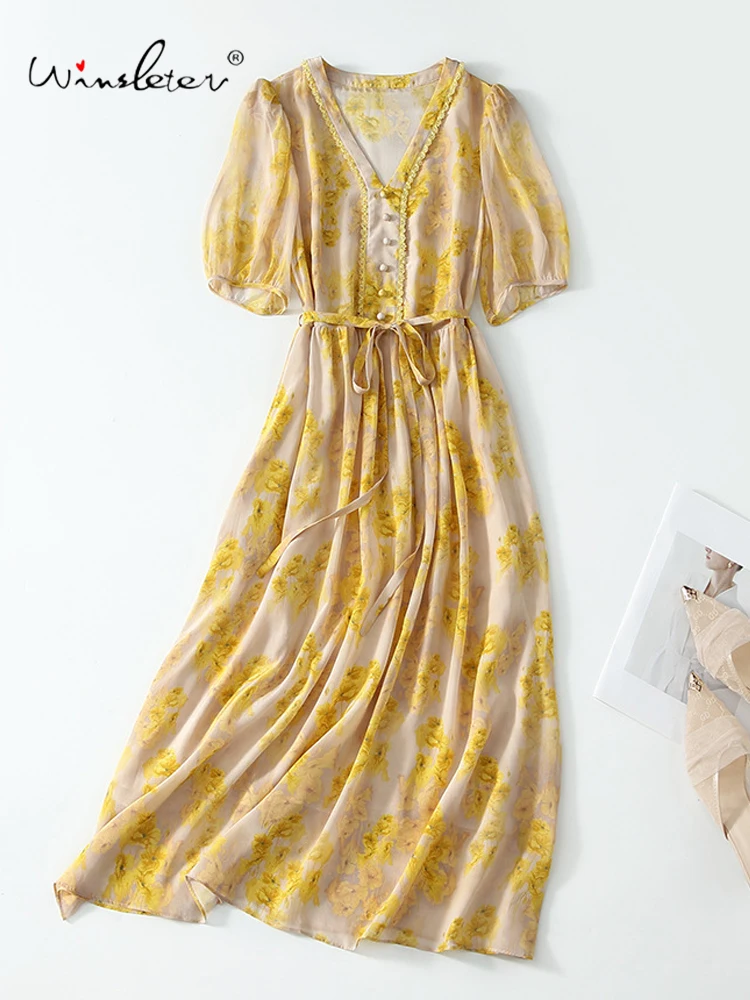 

Winsleter-Women's 100%Real Silk Elegant Dress, V Neck Print Beading Lace, French Seaside Vacation Dresses, 2025 Summer D56942CC