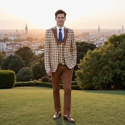 3 Piece Checkered Slim Fit One Button Fashion Slim Fit Casual Formal Men's Suits Groomsmen For Wedding （Blazer+Vest+Pants)