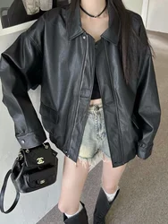 ADAgirl High Street Leather Jacket Women Zip Up Long Sleeve Oversized Streetwear Autumn Motorcycle Coat Korean Style Clothes Ins