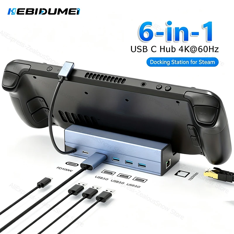 6-in-1 USB C Docking Station for Steam Deck/ROG Ally Type C HUB 4K@60Hz RJ45 Ethernet 100Mbps PD 100W USB 3.0 HUB Holder Dock