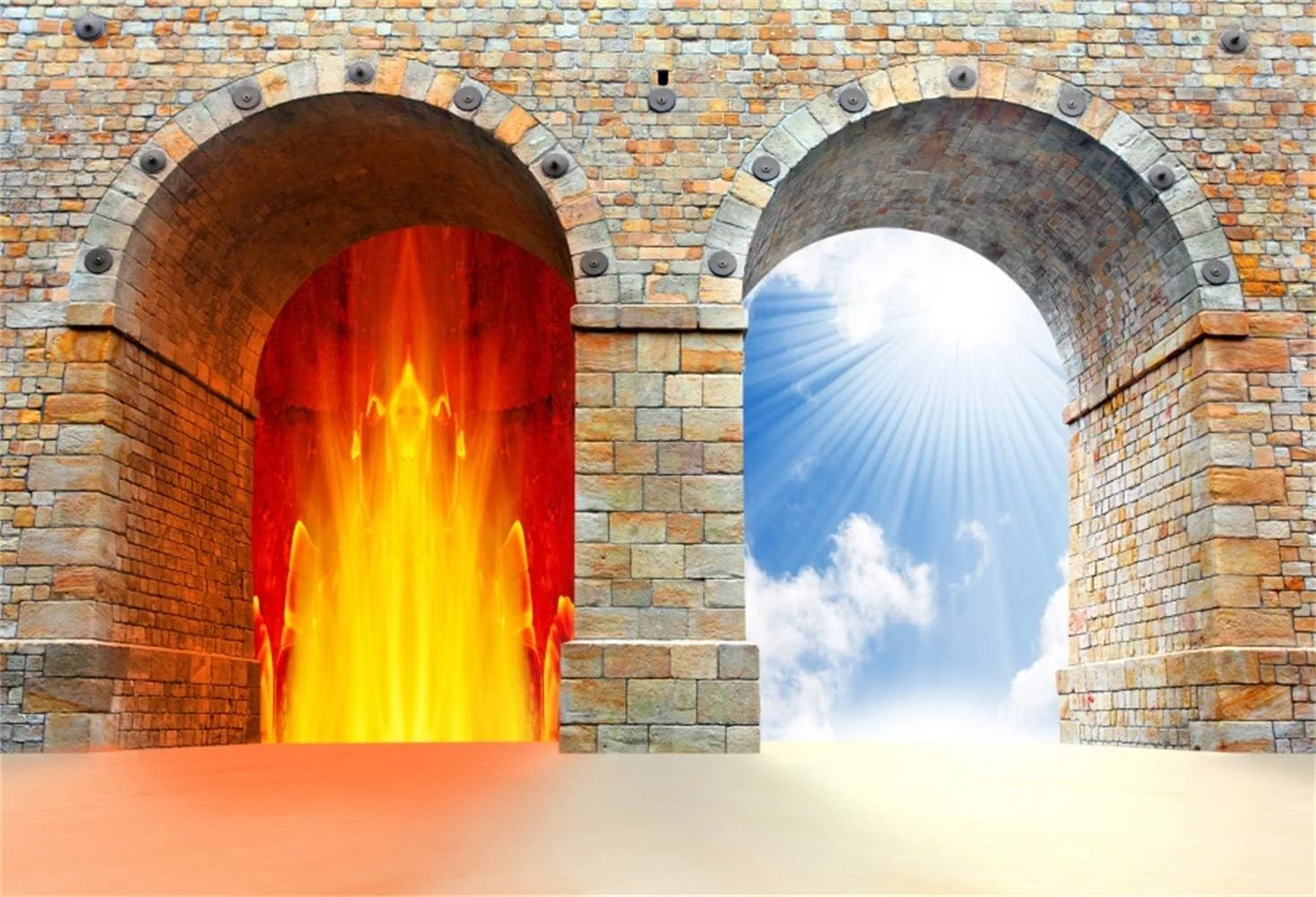 Vintage Arch Brick Gate Door Backdrop Heaven and Hell Scene Backdrop Angel and Devil Background Bible Story Trinity Christmas