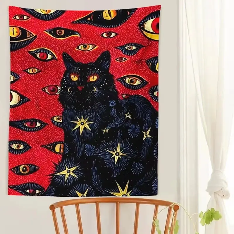 Mysterious Black Cat Art Tapestry with Red Background and Starry Pattern - Gothic Fantasy Wall Decor for Home Use