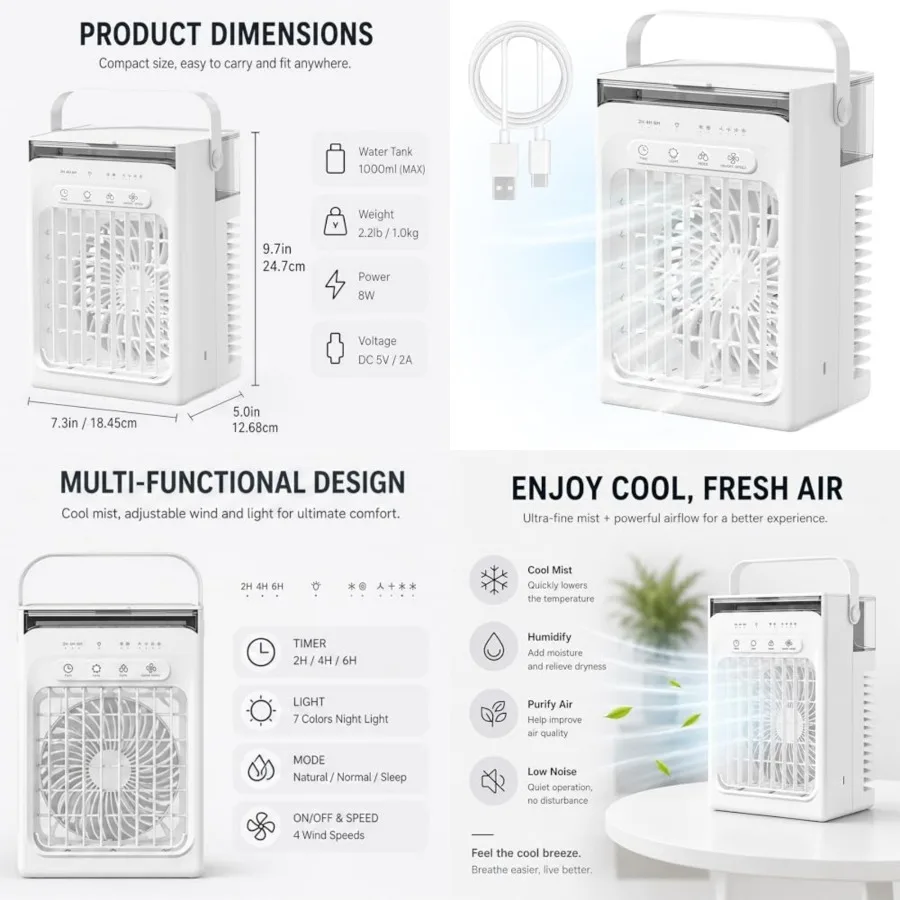 

Portable Air Conditioner Fan, 3-in-1 Mini Air Cooler with 1000ml Water Tank, 4 Speeds, 2/4/6H Timer, RGB Light, USB Small Cooli