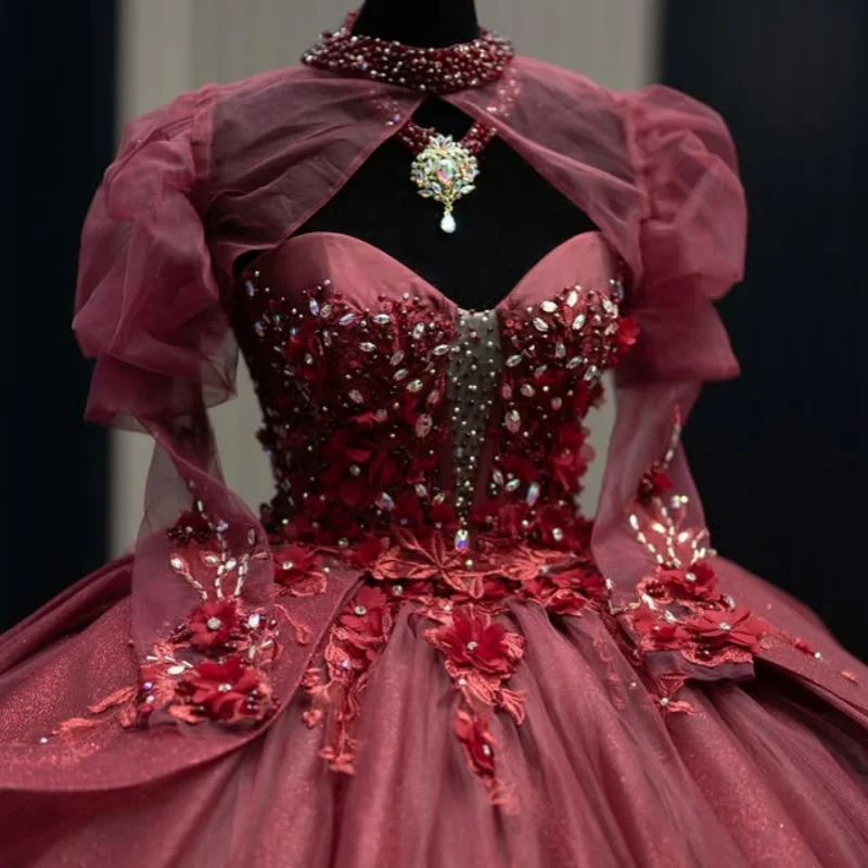 

burgundy Quinceanera Dress off-shoulder crystal glitter 3D flower decal Tull Long tail vestidos de 15 Quinceanera ﻿Customized