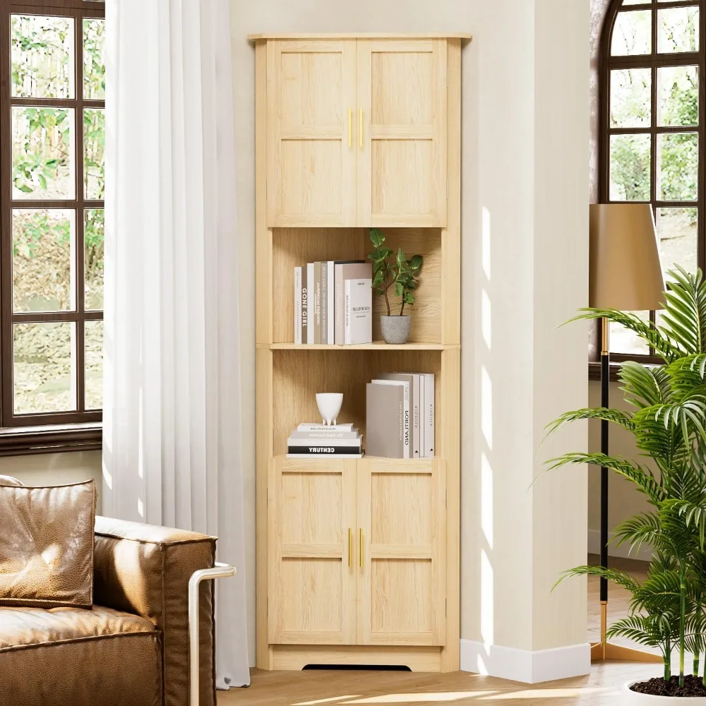 

67'' Tall Corner Cabinet with 4 Doors and Storage Shelves, Modern Storage Cabinet with Barn Door Design, Home Space Saver