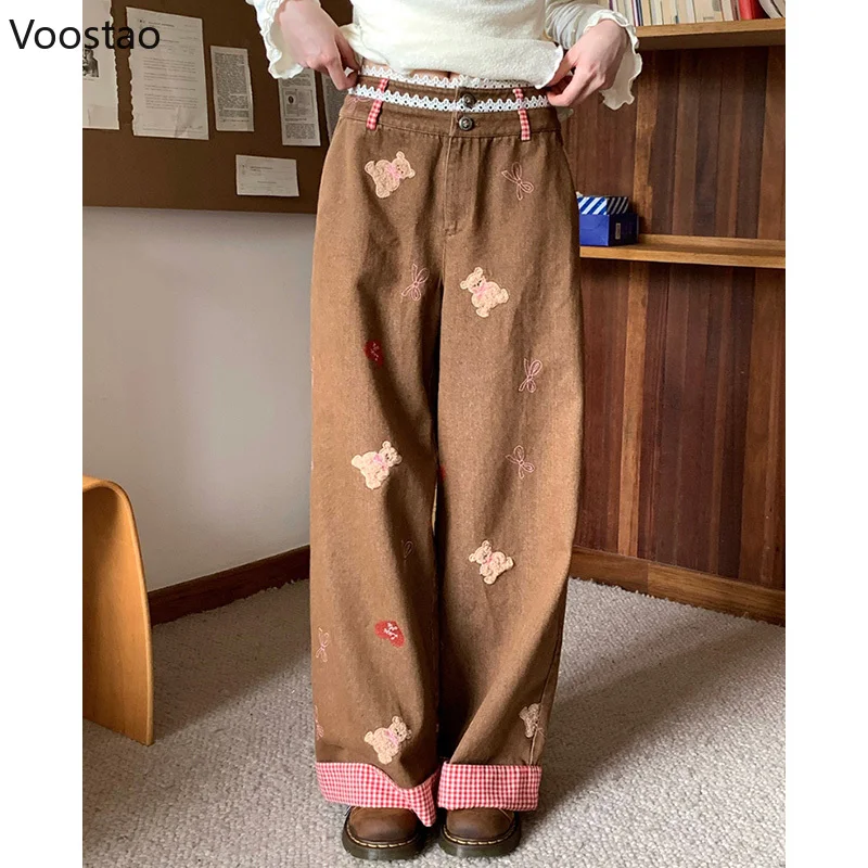 Harajuku Y2k Lace High Waist Jeans Women Sweet Cartoon Bear Embroidery Plaid Wide Leg Denim Pants Streetwear Cute Loose Trousers