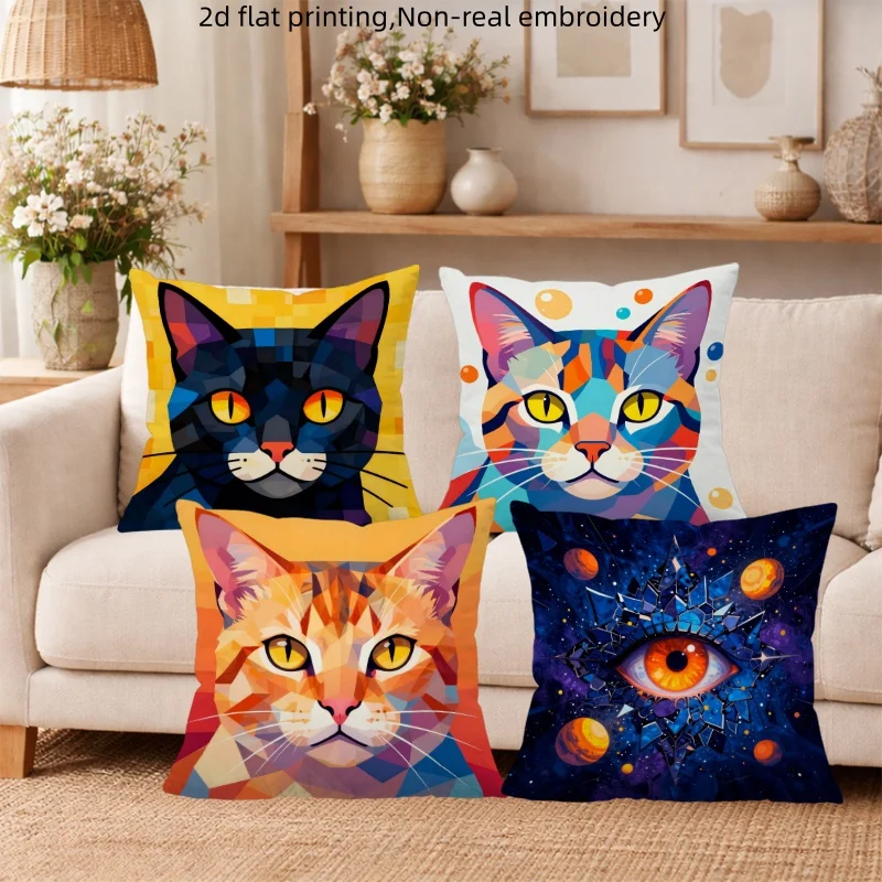 Geometric Polygon Cat Throw Pillow Covers, Low Poly Black Tabby Cat Print Cushion Cases, Cat Lover Decor for Bedroom Living Room