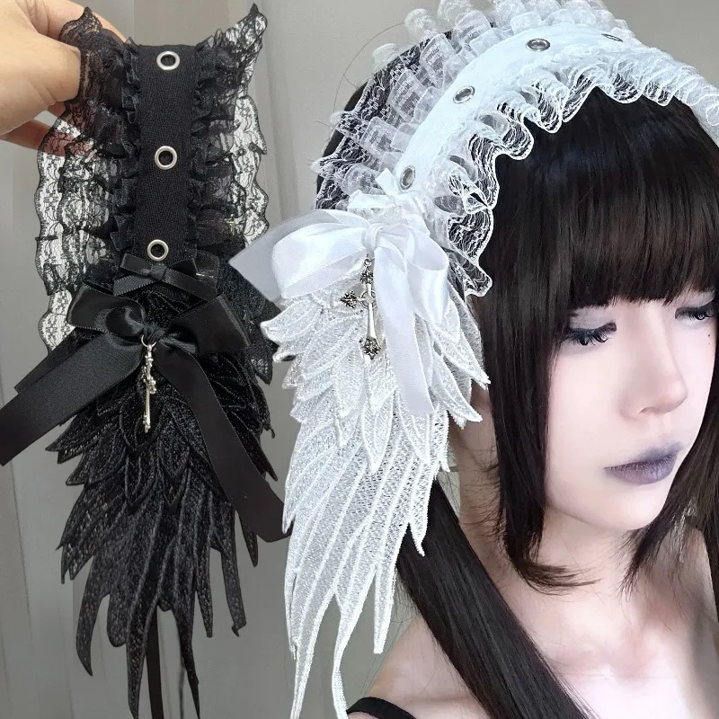 

Кружевная повязка на голову в стиле Лолита с крыльями ангела, кружевная складная повязка в стиле Харадзюку, аксессуары для волос, женская повязка на голову с вышивкой в виде креста и банта, шейная повязка-косынка