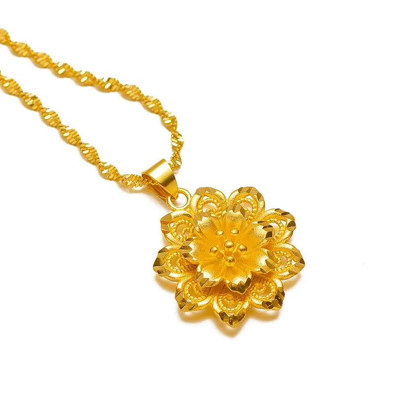Solid 18k Yellow Gold Color Hollow Sun Flower Necklace for Women Bride Charm Fine Jewelry Link Chain Wedding Party Gift Not Fade