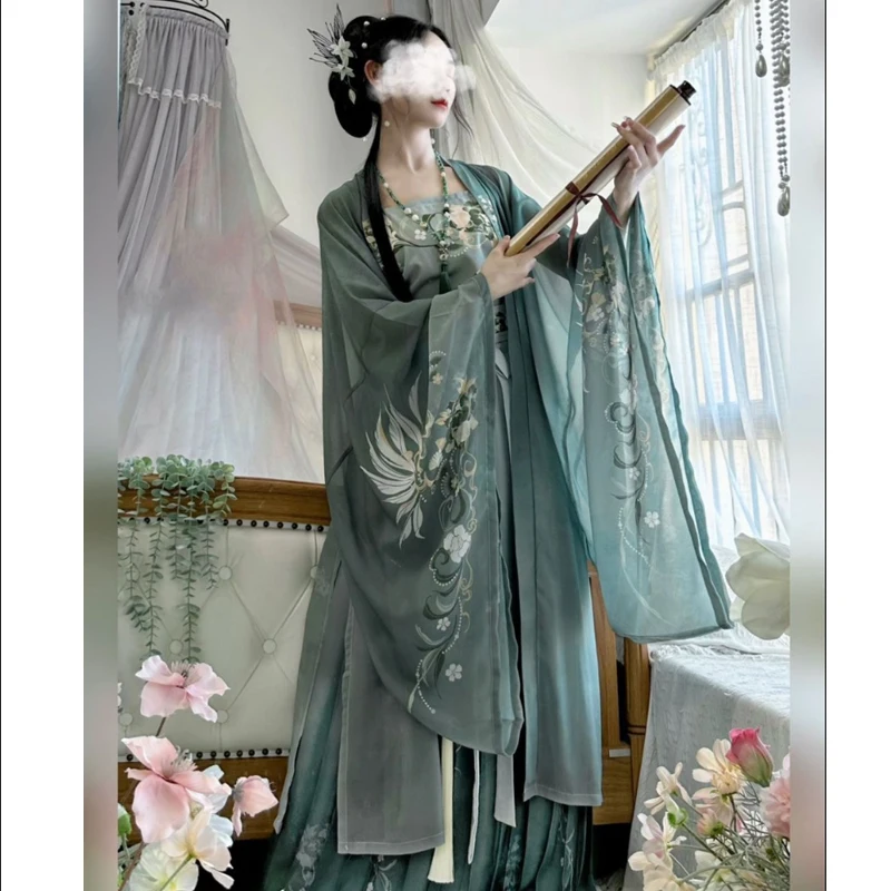 Hanfu Dress Song Dynasty Cape Tops Skirt Women Chinese Classical Vintage Female Halloween Cosplay Costume Printed Green 3pcs Set