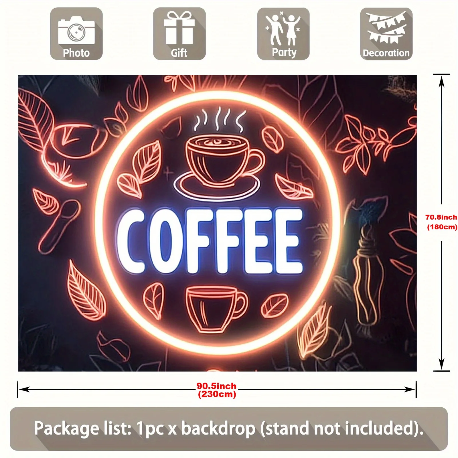 قطعة واحدة من لافتة قهوة نيون بخلفية بوليستر، حروف "قهوة" متوهجة وأنماط حبوب القهوة، ديكور مقهى
