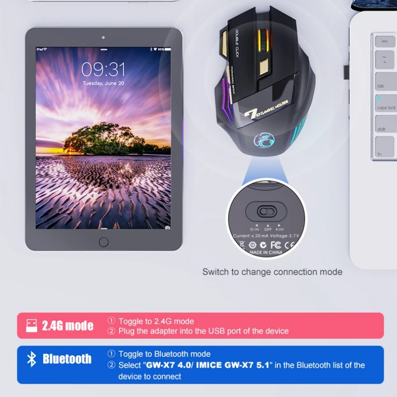 ワイヤレスゲーミングマウス USB 3200DPI デュアルモード充電式 7 キー 2.4 グラム Bluetooth サイレントマウス人間工学に基づいた呼吸 LED E スポーツマウス