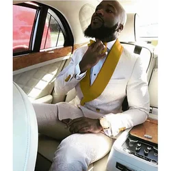 2024 New Custom Men Suits Colorful White Fashion Jacquard Prom Wedding Tuxedos With Gold Lapel Slim Fit Groom Blazer Pants Set