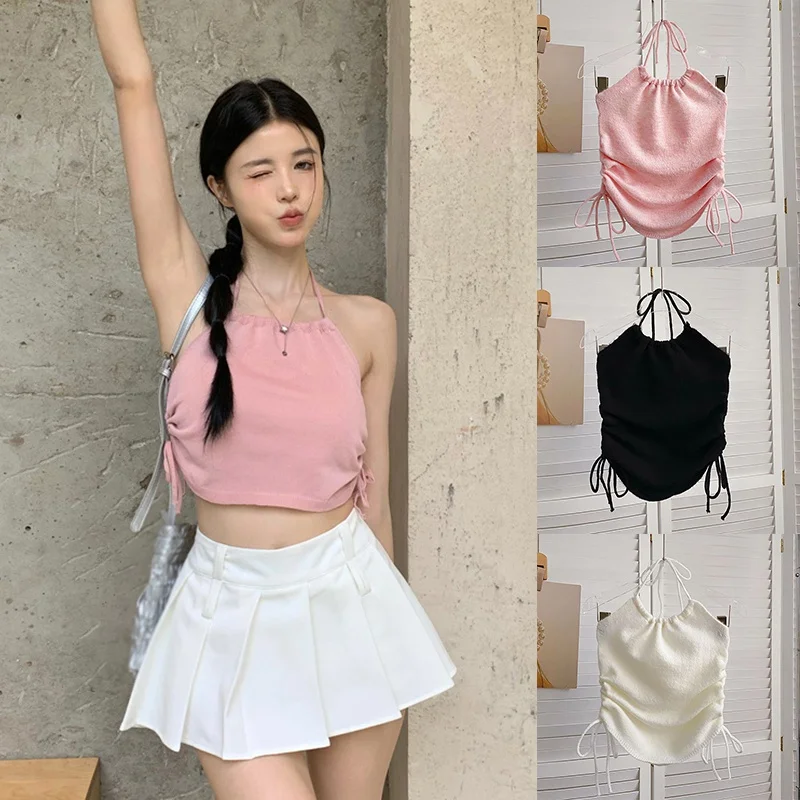 Sexy Knitted Vest Women Drawstring Halter neck Sleeveless Open back Sling Top Sweet Slim Fit Tube Top All-Match Casual Summer