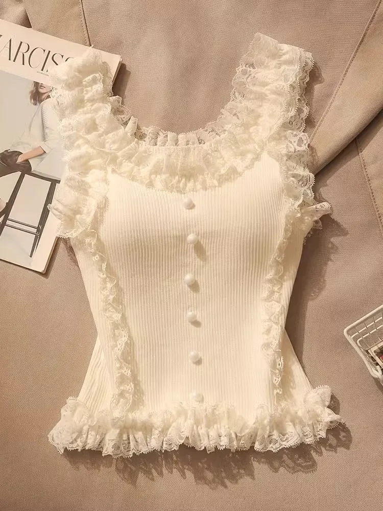 Korean Lace Patchwork Crop Top Women U-Neck Knitted Stretch Tank Top 2025 Summer Female White Lace Stretch Cami image 2