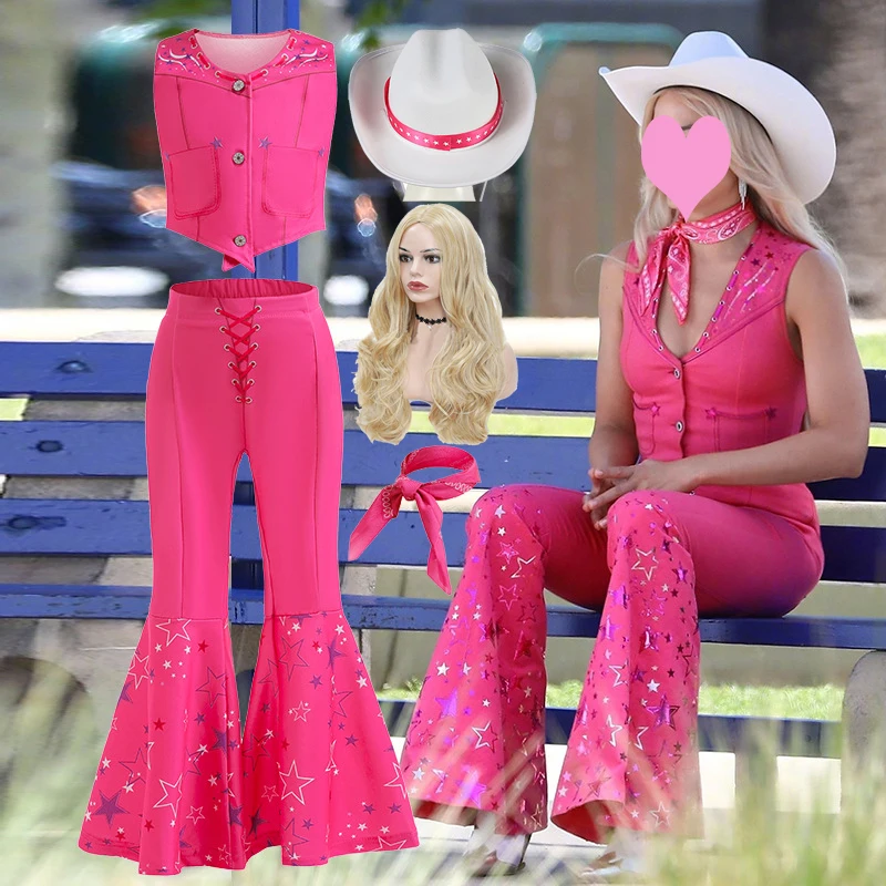 

Lovely Cowgirl Suit Pink Vest Top and Flared Pants Adult and Kids Margot Robbie Cowboy's Look Girls Clothing Set Barbei Uniform