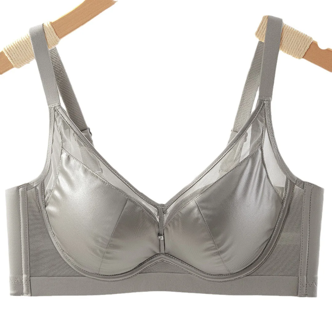 Women\'s satin mesh bra, medium and thick cup steel-free back bra, mulberry silk cup underwear.