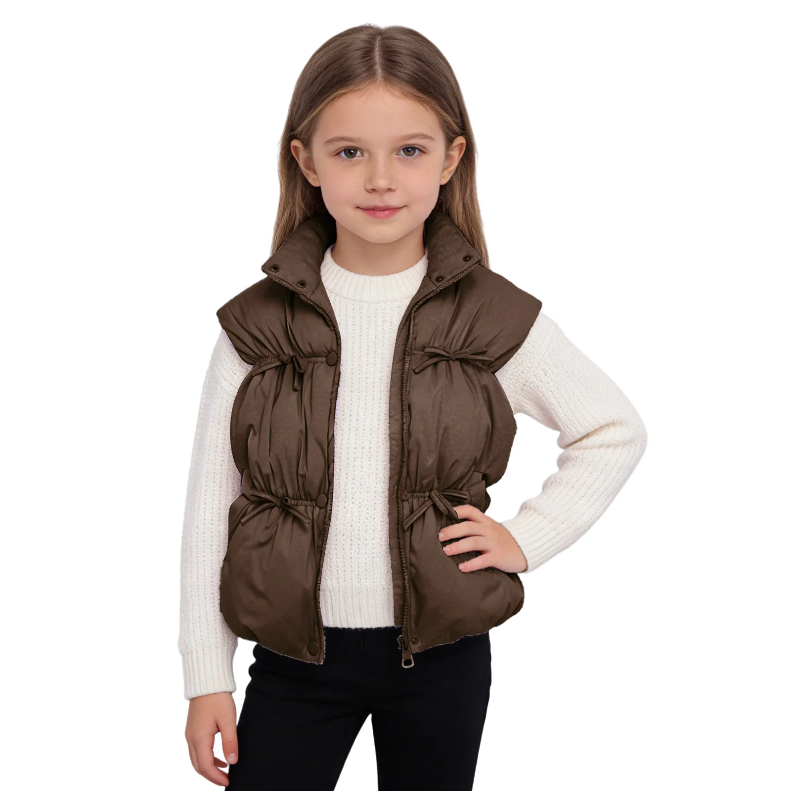

Kids Girls Winter Warm Padded Vest Coat Cute Bowknot Elastic Band Puffy Sleeveless Jacket Stand Collar Outerwear Casual Clothes